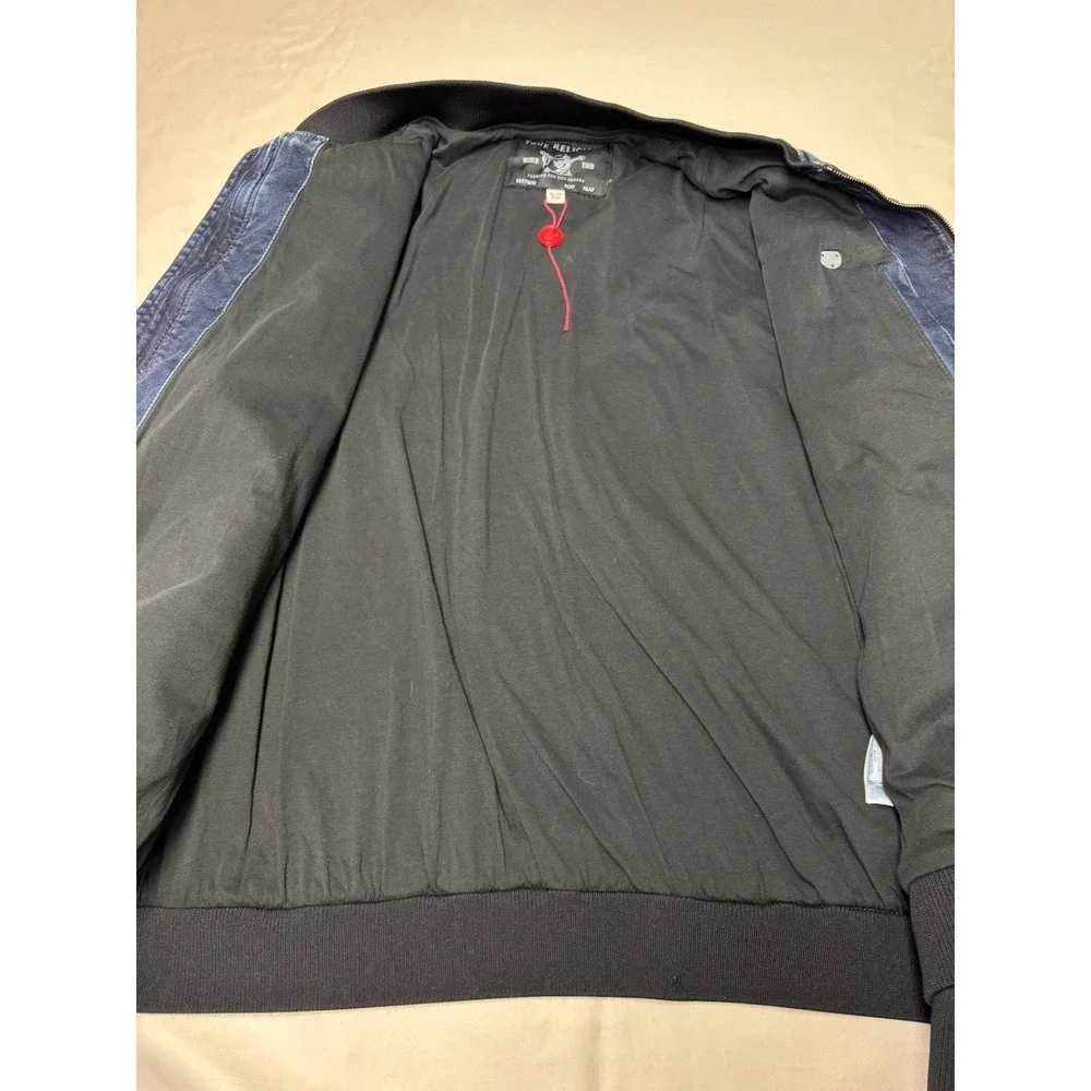 NWOT True Religion Denim Bomber Jacket Mens 2XL TG Blue Full Zip Horseshoe Logo‎